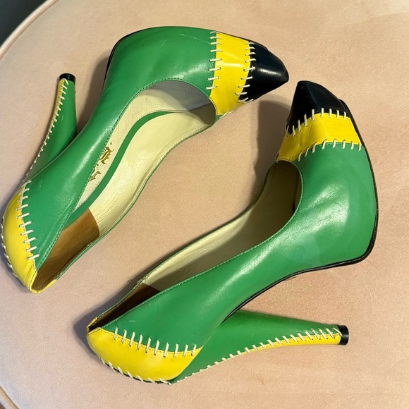 L.A.M.B. Green & Yellow Leather Heels with Black Accents - Picture 4 of 6